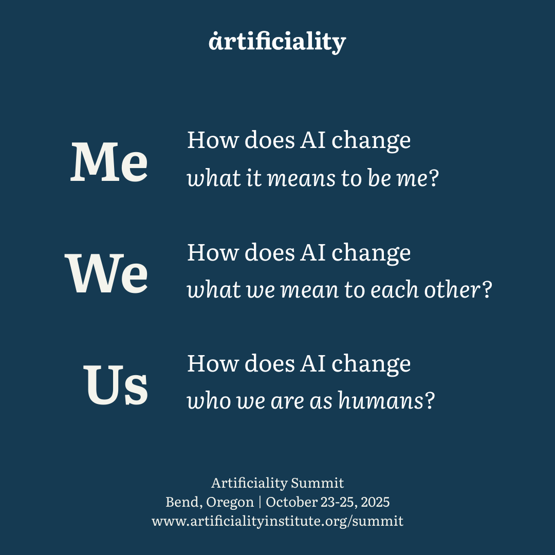 Summit theme graphic showing 'Me, We, Us' framework for exploring AI's impact on identity and relationships