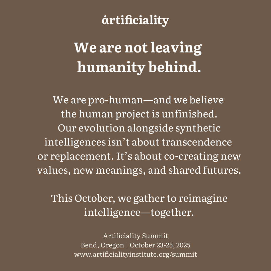 Artificiality Summit promotional graphic stating 'We are not leaving humanity behind'